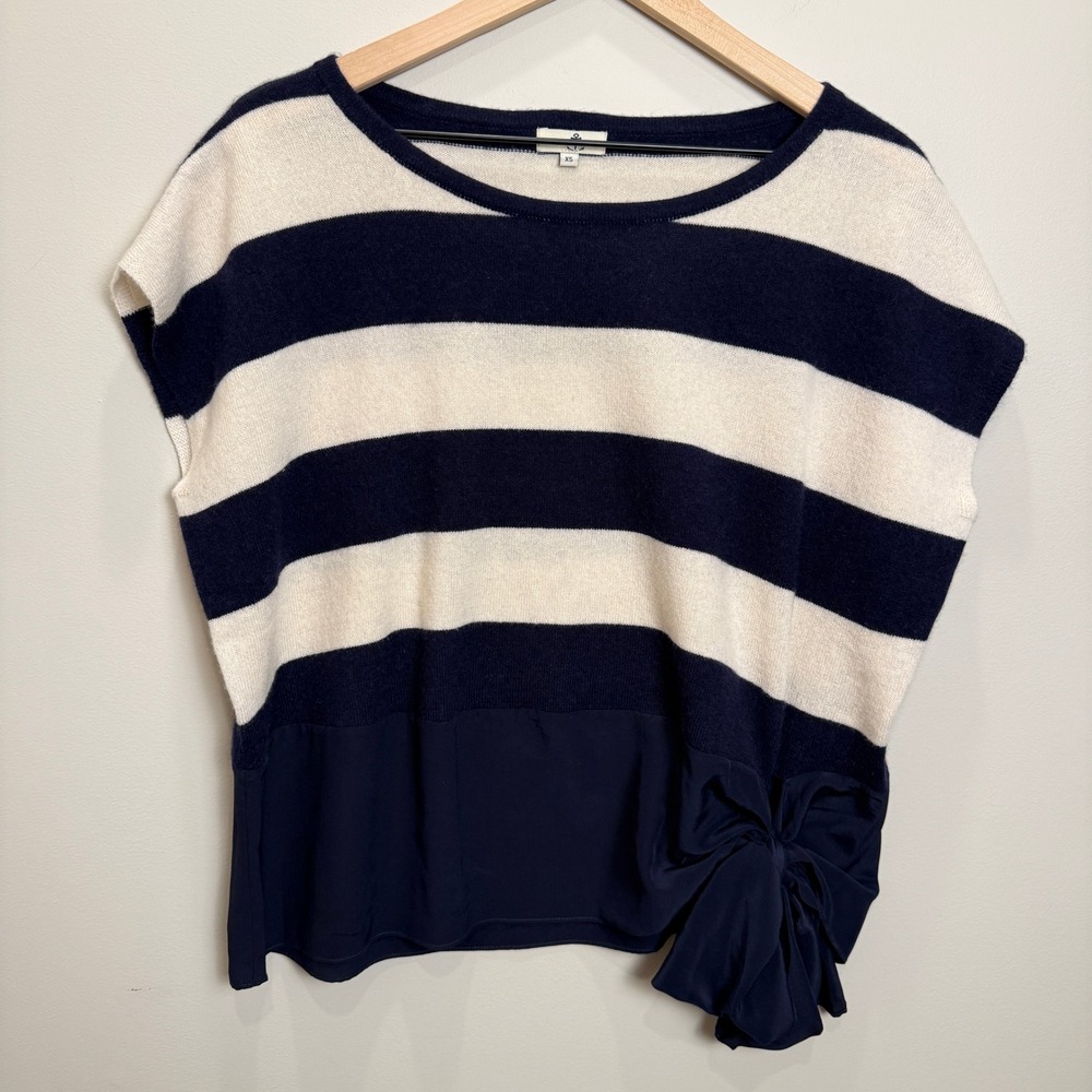 Cortland Park XS Navy White 100% Cashmere Striped Wide Shoulder Top Bow Nautical